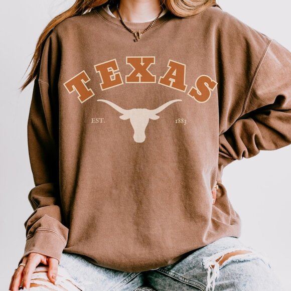 Texas Longhorns Crewneck Sweatshirt, EST 1883 University of Texas Longhorns Tee - Picture 1 of 2